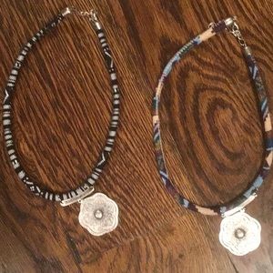 Color woven Fabric necklace with metal charm